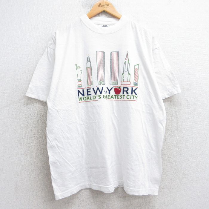 XL★古着 半袖 ビンテージ Tシャツ メンズ 90年代 90s ニューヨーク リンゴ 大きいサイズ コットン クルーネック 白 ホワイト 25aug05 中古