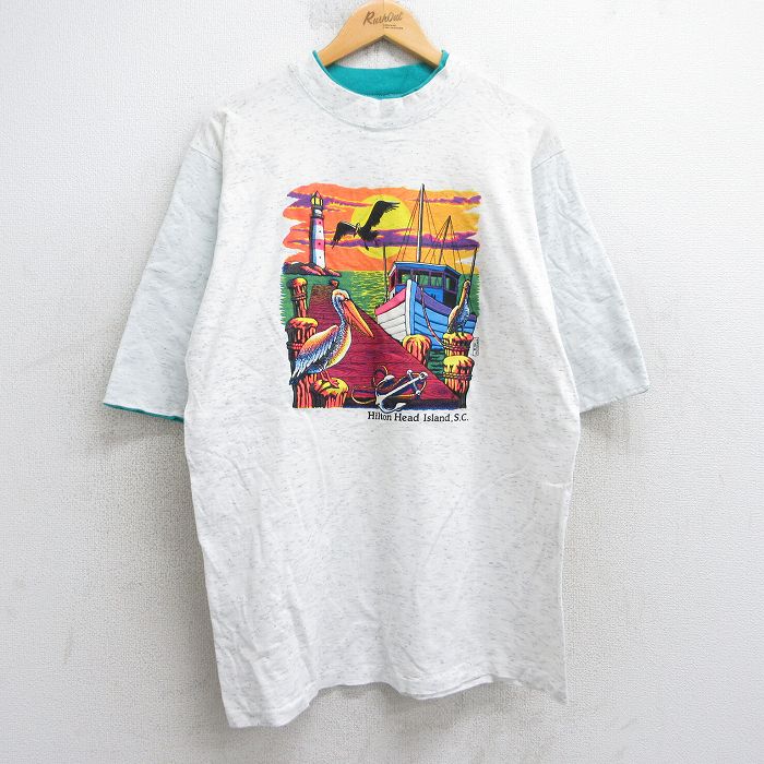 L★古着 半袖 ビンテージ Tシャツ メンズ 90年代 90s 船 鳥 クルーネック USA製 白 ホワイト 霜降り 25aug05 中古