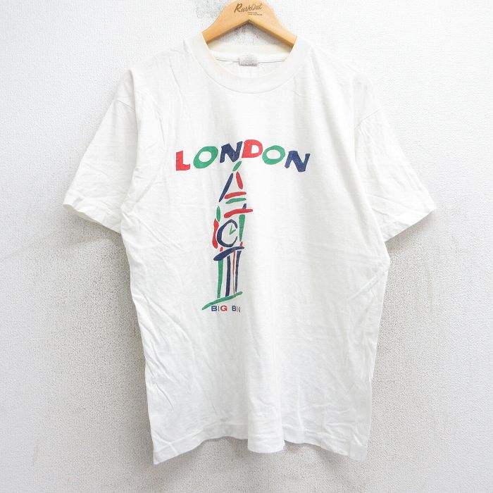 L★古着 半袖 ビンテージ Tシャツ メンズ 90年代 90s ロンドン ビッグベン BIG BEN コットン クルーネック 白 ホワイト 25aug05 中古