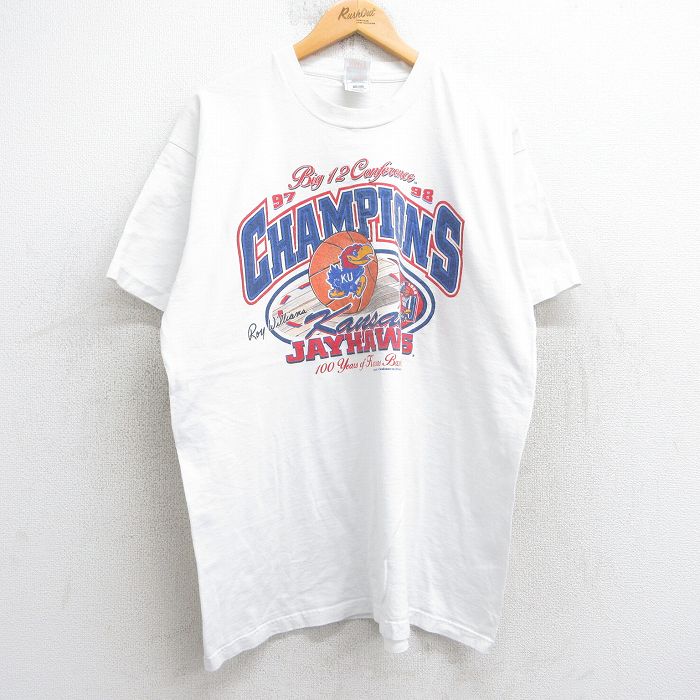 XL★古着 フルーツオブザルーム 半袖 ビンテージ Tシャツ メンズ 90年代 90s カンザスジェイホークス バスケットボール 大きいサイズ コットン クルーネック USA製 白 ホワイト 25aug05 中古