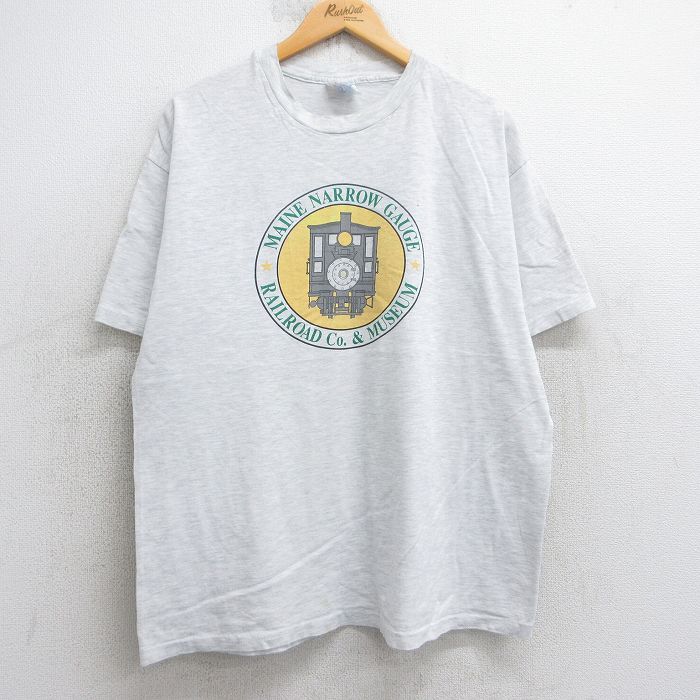 XL★古着 ヘインズ Hanes 半袖 ビンテージ Tシャツ メンズ 90年代 90s 機関車 大きいサイズ クルーネック USA製 薄グレー 霜降り 25aug05 中古