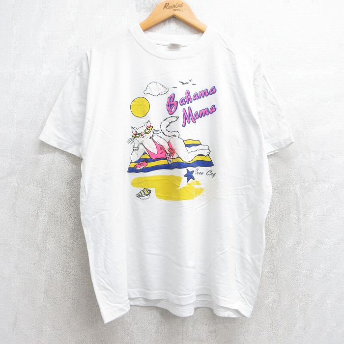 XL★古着 半袖 ビンテージ Tシャツ メンズ 90年代 90s ネコ 大きいサイズ コットン クルーネック 白 ホワイト 25aug05 中古