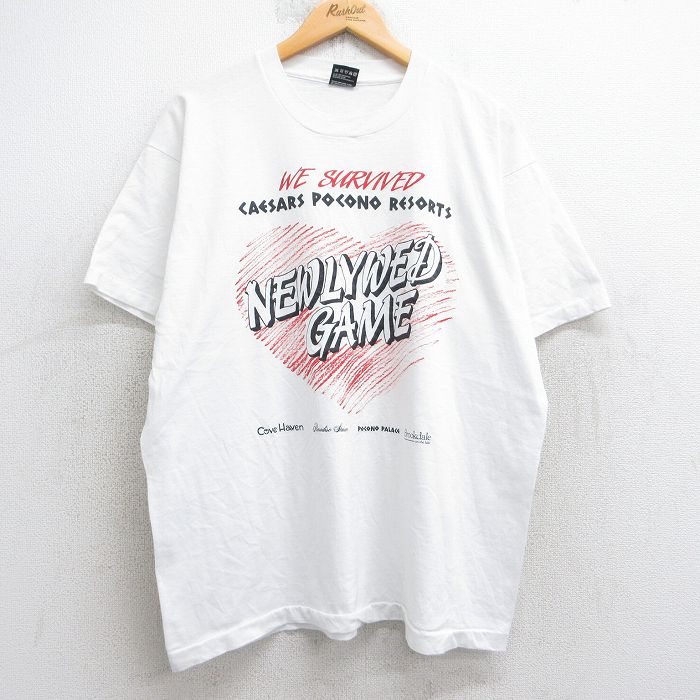XL★古着 フルーツオブザルーム 半袖 ビンテージ Tシャツ メンズ 90年代 90s ハート NEWLYWED GAME 大きいサイズ クルーネック USA製 白 ホワイト 25aug05 中古