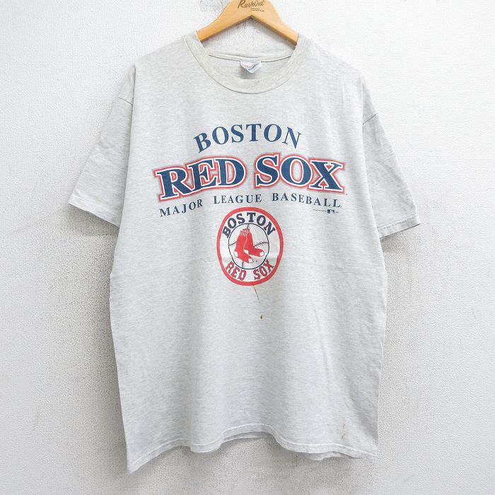 XL★古着 ヘインズ Hanes 半袖 ビンテージ Tシャツ メンズ 90年代 90s MLB ボストンレッドソックス 大きいサイズ クルーネック USA製 薄グレー 霜降り メジャーリーグ ベースボール 野球 25aug05 中古
