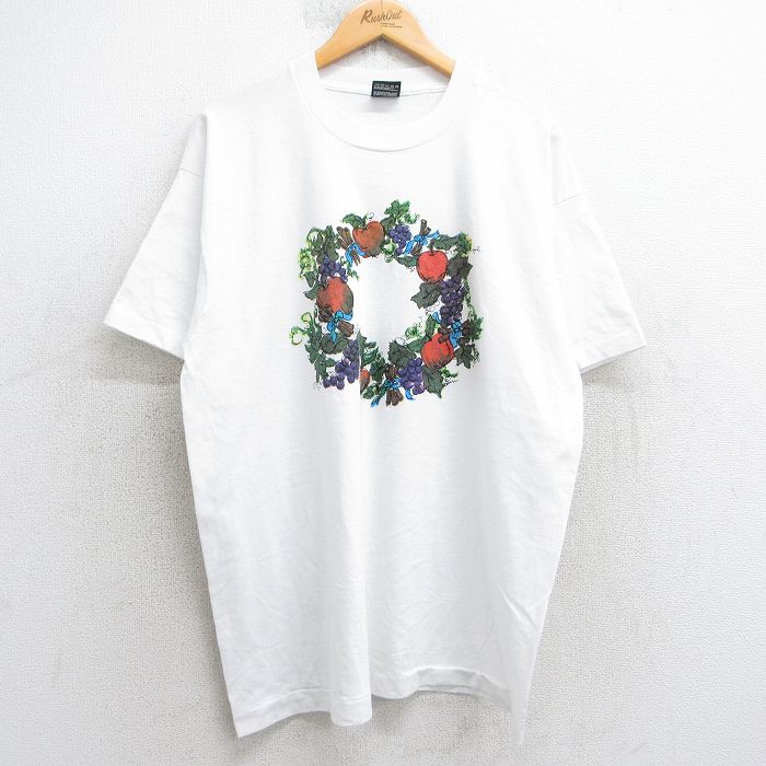 XL★古着 フルーツオブザルーム 半袖 ビンテージ Tシャツ メンズ 90年代 90s リース リンゴ ブドウ 大きいサイズ クルーネック USA製 白 ホワイト 25aug05 中古