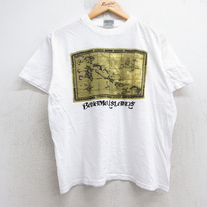 L★古着 半袖 ビンテージ Tシャツ メンズ 90年代 90s 地図 バハマ コットン クルーネック 白 ホワイト 25aug05 中古