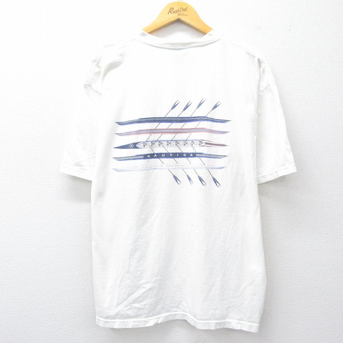 XL★古着 ノーティカ NAUTICA 半袖 ビンテージ ブランド Tシャツ メンズ 90年代 90s ビッグロゴ カヌー 大きいサイズ コットン クルーネック USA製 白 ホワイト 25aug06 中古