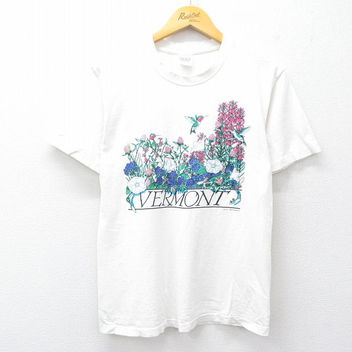 M★古着 半袖 ビンテージ Tシャツ メンズ 90年代 90s 花 バーモント コットン クルーネック USA製 白 ホワイト 25aug06 中古