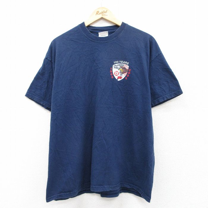 XL★古着 ヘインズ Hanes 半袖 ビンテージ Tシャツ メンズ 00年代 00s 消防署 コットン クルーネック 紺 ネイビー 25aug07 中古