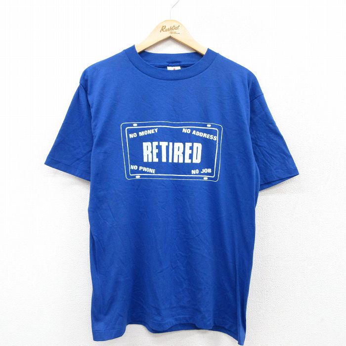 L★古着 半袖 ビンテージ Tシャツ メンズ 90年代 90s RETIRED クルーネック USA製 青 ブルー 25aug07 中古
