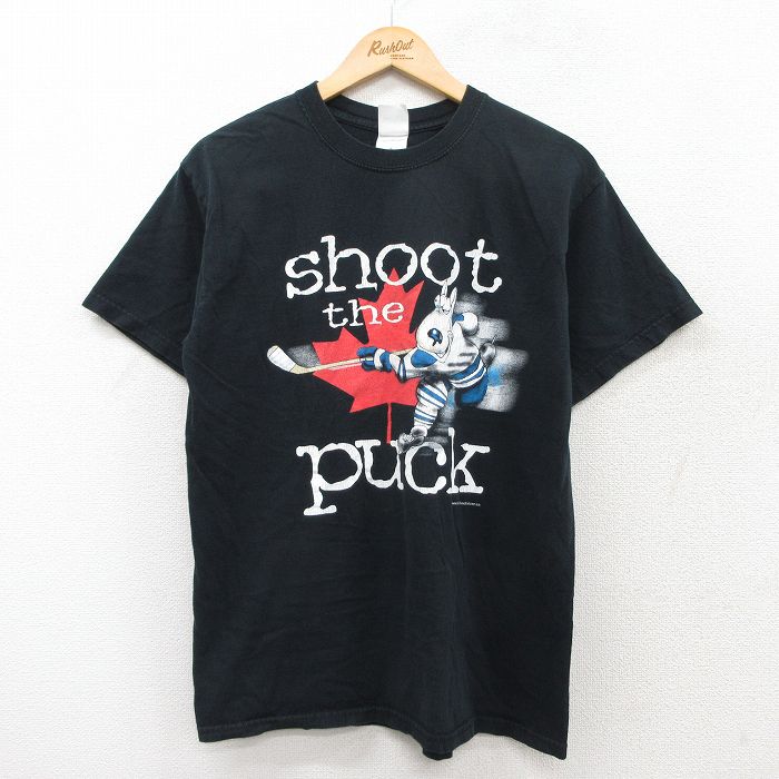 M★古着 半袖 ビンテージ Tシャツ メンズ 00年代 00s アイスホッケー コットン クルーネック 黒 ブラック 25aug07 中古