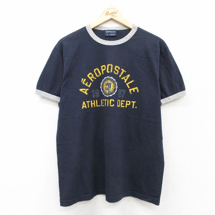 L★古着 エアロポステール AEROPOSTALE 半袖 ビンテージ Tシャツ メンズ 00年代 00s ビッグロゴ コットン クルーネック 紺 ネイビー リンガー 25aug07 中古