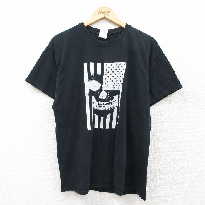 L★古着 半袖 ビンテージ Tシャツ メンズ 00年代 00s 星条旗 スカル コットン クルーネック 黒 ブラック 25aug07 中古