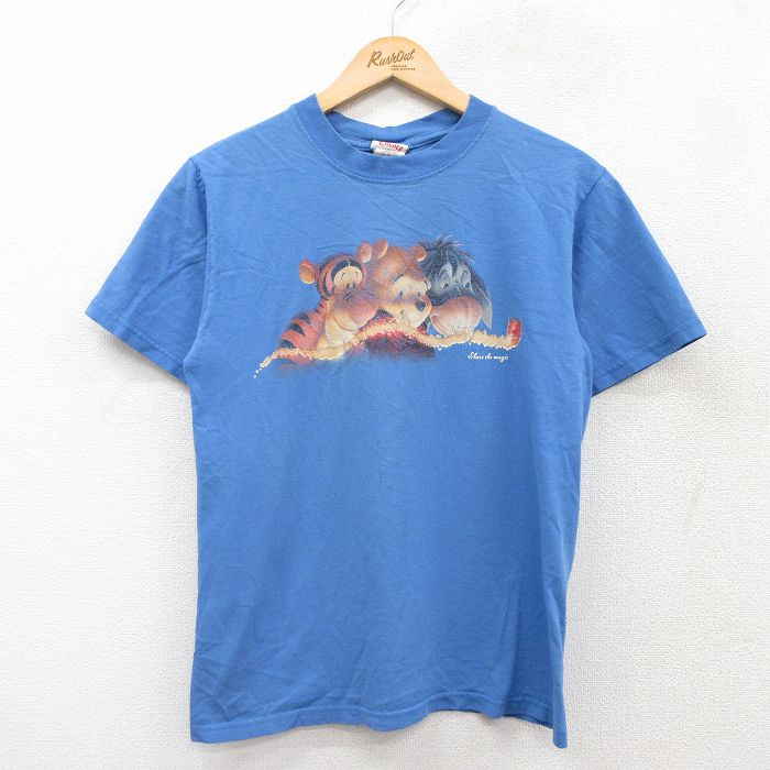 【50%OFF】S★古着 半袖 ビンテージ Tシャツ メンズ 00年代 00s ディズニー DISNEY くまのプーさん ティガー イーヨー コットン クルーネック 薄紺 ネイビー 25aug07 中古