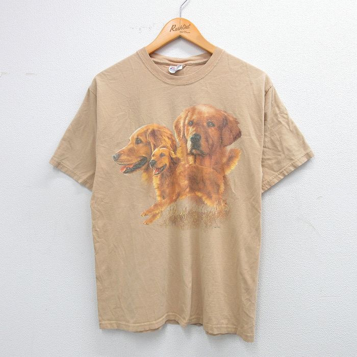 M★古着 ヘインズ Hanes 半袖 ビンテージ Tシャツ メンズ 00年代 00s ゴールデンレトリーバー 犬 コットン クルーネック 薄茶 ブラウン 【spe】 25aug07 中古