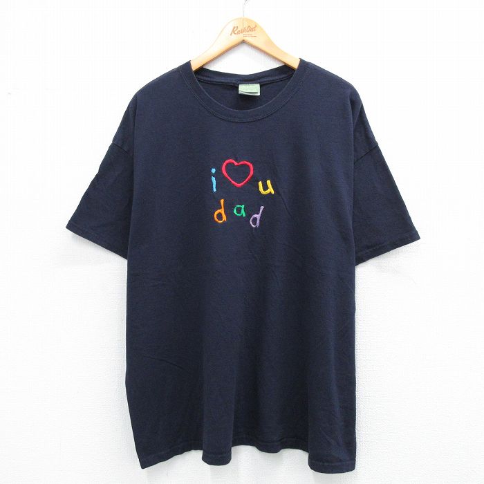 XL★古着 半袖 ビンテージ Tシャツ メンズ 00年代 00s dad 刺繍 大きいサイズ コットン クルーネック 紺 ネイビー 25aug07 中古