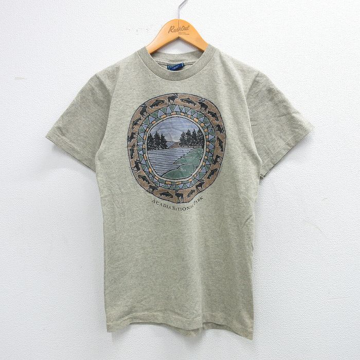 S★古着 半袖 ビンテージ Tシャツ メンズ 90年代 90s シカ 魚 クルーネック USA製 ベージュ系 カーキ 霜降り 【spe】 25aug07 中古