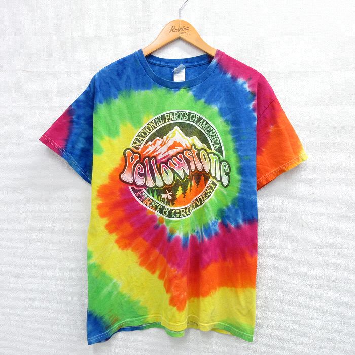 L★古着 半袖 ビンテージ Tシャツ メンズ 00年代 00s Hellowstone コットン クルーネック 青他 ブルー タイダイ 25aug07 中古