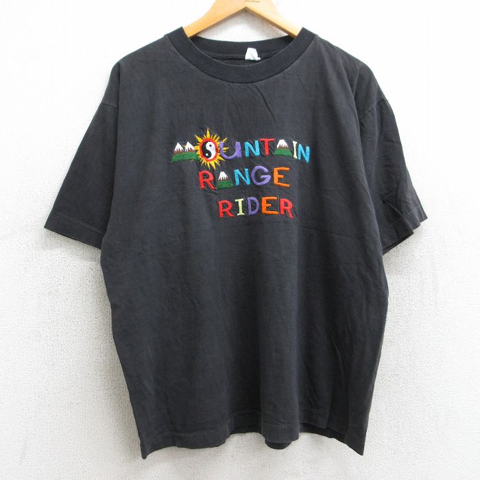 XL★古着 半袖 ビンテージ Tシャツ メンズ 90年代 90s マウンテン 陰陽 刺繍 コットン クルーネック 黒 ブラック 【spe】 25aug07 中古