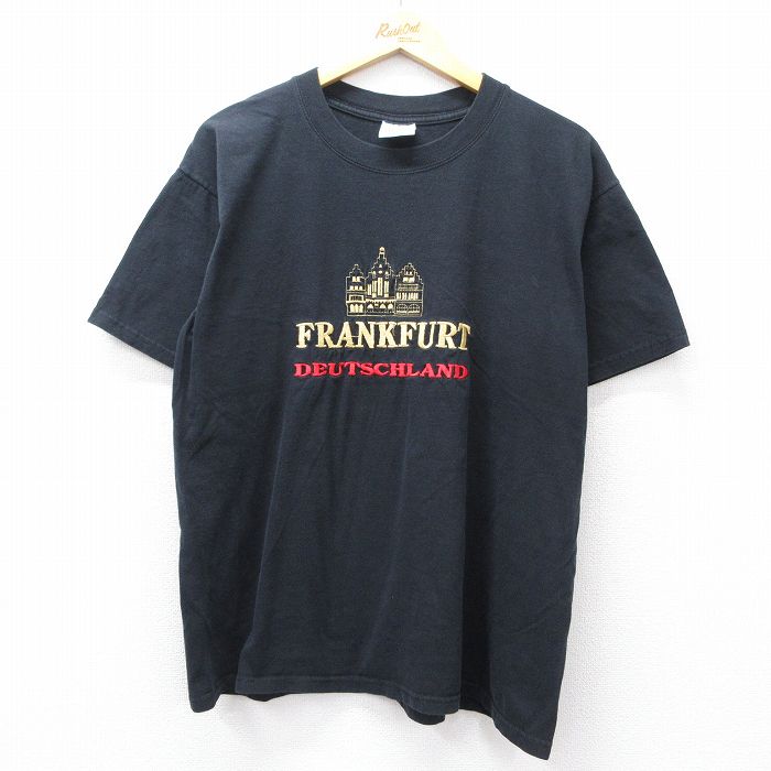 XL★古着 半袖 ビンテージ Tシャツ メンズ 00年代 00s FRANKFURT 刺繍 コットン クルーネック 黒 ブラック 25aug08 中古