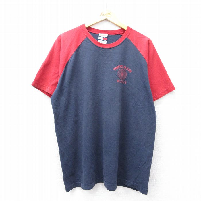 XL★古着 トミーヒルフィガー TOMMY HILFIGER 半袖 ブランド Tシャツ メンズ ワンポイントロゴ ラグラン ツートンカラー 大きいサイズ コットン クルーネック 紺他 ネイビー 25aug08 中古