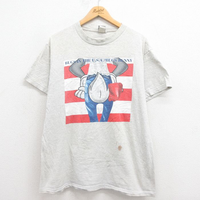 L★古着 半袖 ビンテージ Tシャツ メンズ 90年代 90s ルーニーテューンズ LOONEY TUNES バッグスバニー クルーネック グレー 霜降り 25aug08 中古