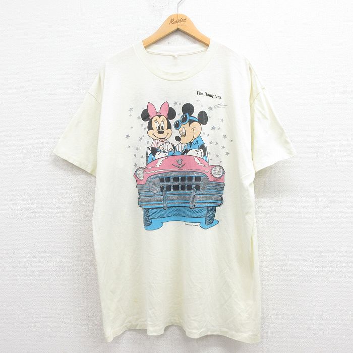 【50%OFF】XL★古着 半袖 ビンテージ Tシャツ メンズ 80年代 80s ディズニー DISNEY ミッキー MICKEY MOUSE ミニー 両面プリント 大きいサイズ ロング丈 薄黄 イエロー 【spe】 25aug08 中古