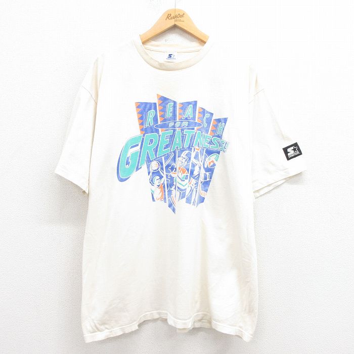 XL★古着 スターター STARTER 半袖 ビンテージ Tシャツ メンズ 80年代 80s アメフト バスケットボール 大きいサイズ コットン クルーネック USA製 白 ホワイト 25aug08 中古