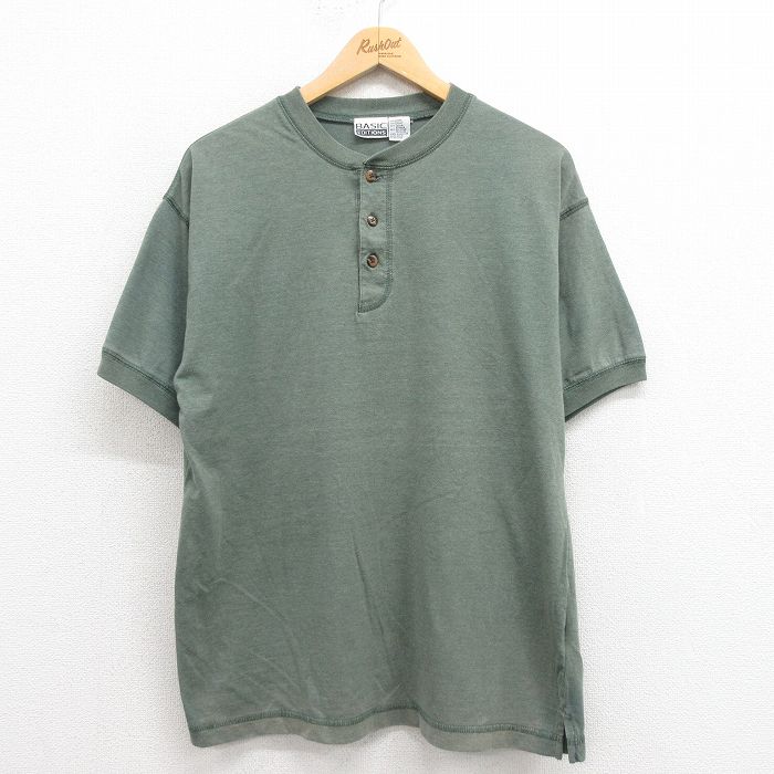 L★古着 ベーシックエディションズ 半袖 ビンテージ Tシャツ メンズ 00年代 00s 無地 ヘンリーネック 緑 グリーン 25aug08 中古
