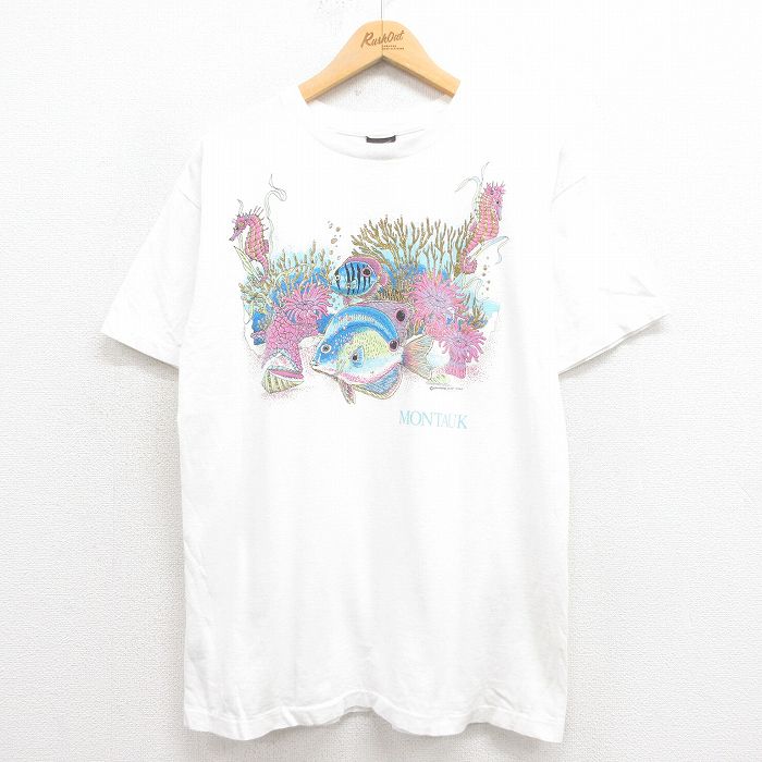 L★古着 半袖 ビンテージ Tシャツ メンズ 90年代 90s 魚 コットン クルーネック USA製 白 ホワイト 25aug08 中古