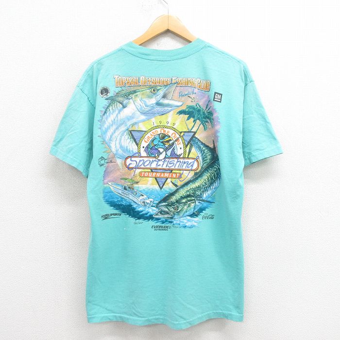 【50%OFF】L★古着 半袖 ビンテージ Tシャツ メンズ 90年代 90s 魚 コットン クルーネック 水色 25aug08 中古