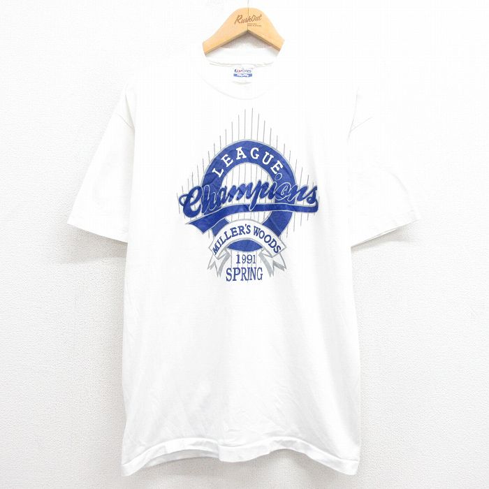 XL★古着 ヘインズ Hanes 半袖 ビンテージ Tシャツ メンズ 90年代 90s リーグ クルーネック USA製 白 ホワイト 25aug08 中古