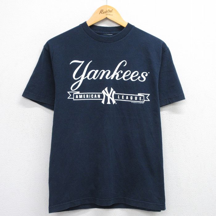 【20%OFF】M★古着 半袖 ビンテージ Tシャツ メンズ 00年代 00s MLB ニューヨークヤンキース クルーネック 紺 ネイビー メジャーリーグ ベースボール 野球 25aug08 中古