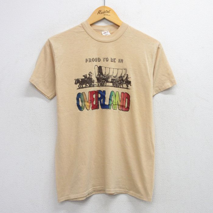 M★古着 半袖 ビンテージ Tシャツ メンズ 80年代 80s OVERLAND クルーネック USA製 ベージュ カーキ 25aug08 中古