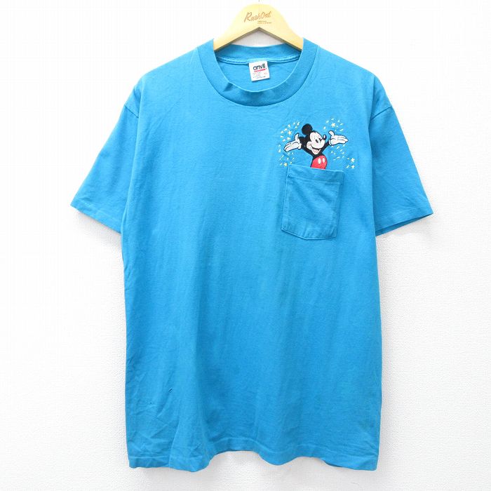 【50%OFF】L★古着 半袖 ビンテージ Tシャツ メンズ 90年代 90s ディズニー DISNEY ミッキー MICKEY MOUSE 胸ポケット付き コットン クルーネック USA製 水色 【spe】 25aug08 中古