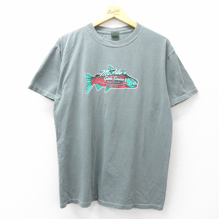 L★古着 半袖 ビンテージ Tシャツ メンズ 00年代 00s 魚 コットン クルーネック 濃グレー系 25aug08 中古