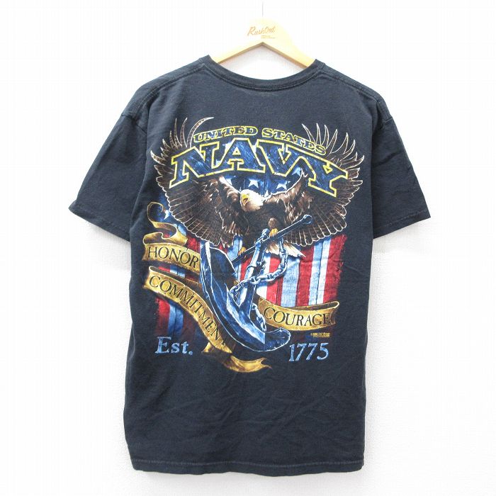 XL★古着 半袖 ビンテージ Tシャツ メンズ 00年代 00s ミリタリー ネイビー 鳥 コットン クルーネック 黒 ブラック 25aug08 中古