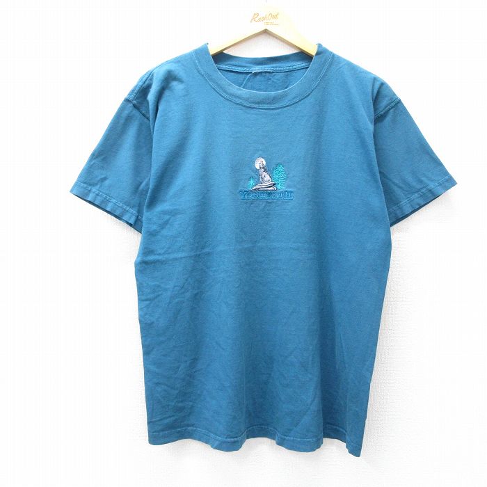 【50%OFF】L★古着 半袖 ビンテージ Tシャツ メンズ 00年代 00s オオカミ ヨセミテ 刺繍 クルーネック 紺系 ネイビー 25aug08 中古