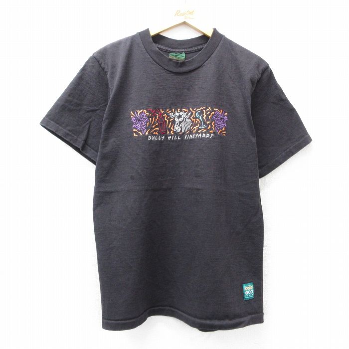 L★古着 半袖 ビンテージ Tシャツ メンズ 90年代 90s BULLY HILL VINEYARDS 刺繍 コットン クルーネック USA製 黒 ブラック 25aug08 中古