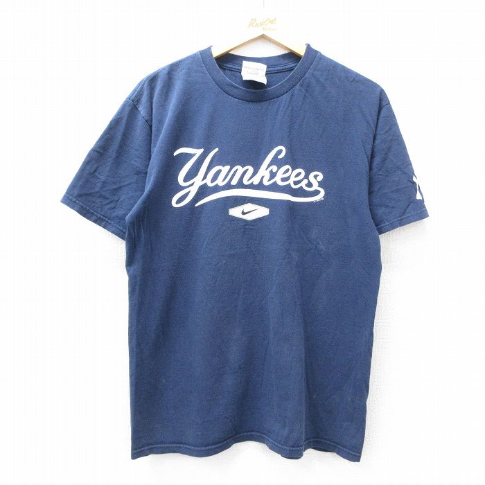 【20%OFF】L★古着 ナイキ NIKE 半袖 ビンテージ Tシャツ メンズ 00年代 00s MLB ニューヨークヤンキース コットン クルーネック 紺 ネイビー メジャーリーグ ベースボール 野球 25aug08 中古