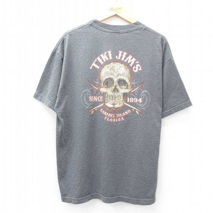 XL★古着 半袖 ビンテージ Tシャツ メンズ 00年代 00s TIKI JIMS スカル クルーネック 濃グレー 霜降り 25aug08 中古