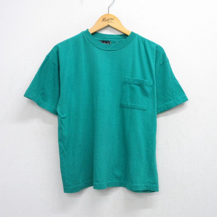 L★古着 半袖 ビンテージ Tシャツ メンズ 90年代 90s 無地 胸ポケット付き クルーネック 緑 グリーン 25aug09 中古
