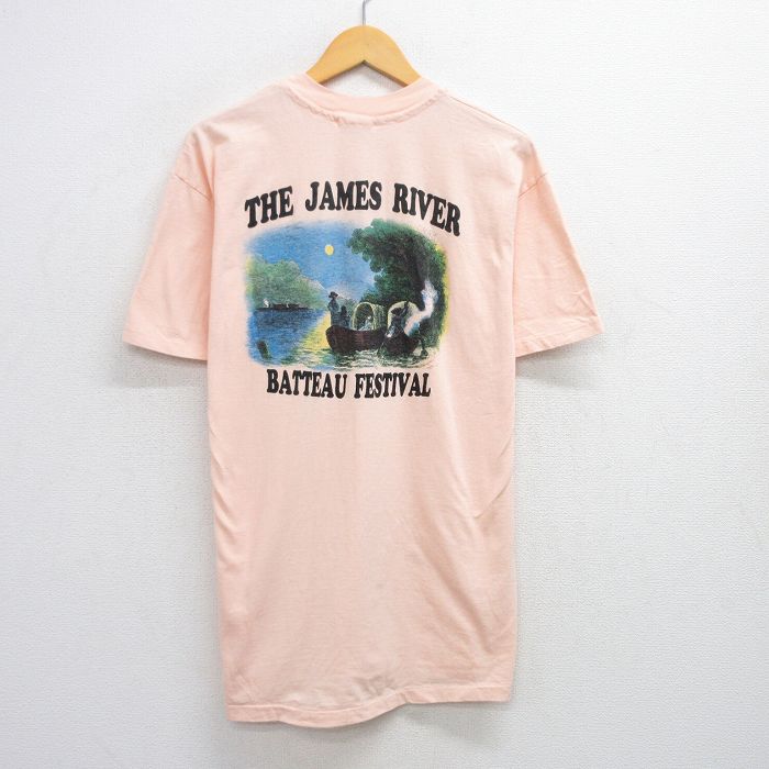 L★古着 ヘインズ Hanes 半袖 ビンテージ Tシャツ メンズ 90年代 90s BATTEAU FESTIVAL コットン クルーネック USA製 薄オレンジ 25aug09 中古