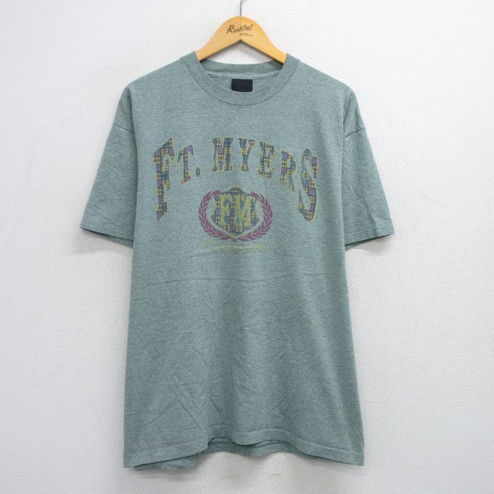 XL★古着 半袖 ビンテージ Tシャツ メンズ 90年代 90s FT MYERS フロリダ 大きいサイズ クルーネック 緑 グリーン 霜降り 25aug09 中古