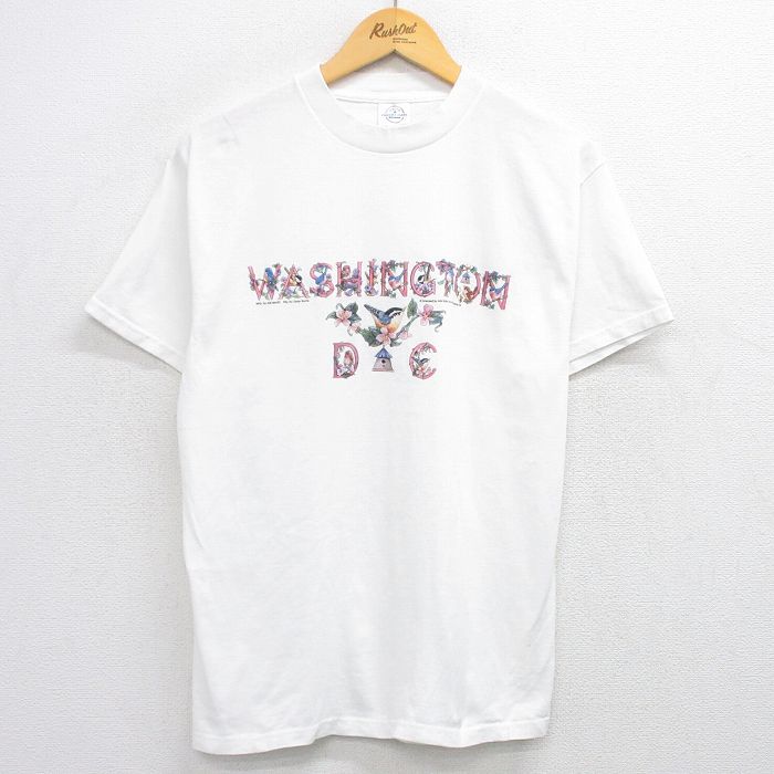 【50%OFF】M★古着 半袖 ビンテージ Tシャツ メンズ 00年代 00s ワシントンDC 鳥 花 コットン クルーネック 白 ホワイト 25aug09 中古