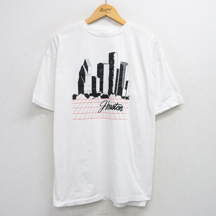 XL★古着 半袖 ビンテージ Tシャツ メンズ 90年代 90s ヒューストン 大きいサイズ コットン クルーネック 白 ホワイト 25aug09 中古