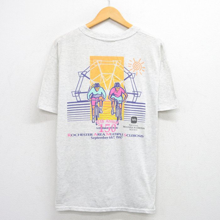 XL★古着 ヘインズ Hanes 半袖 ビンテージ Tシャツ メンズ 90年代 90s 自転車 GOLDEN SPOKES クルーネック 薄グレー 霜降り 25aug09 中古