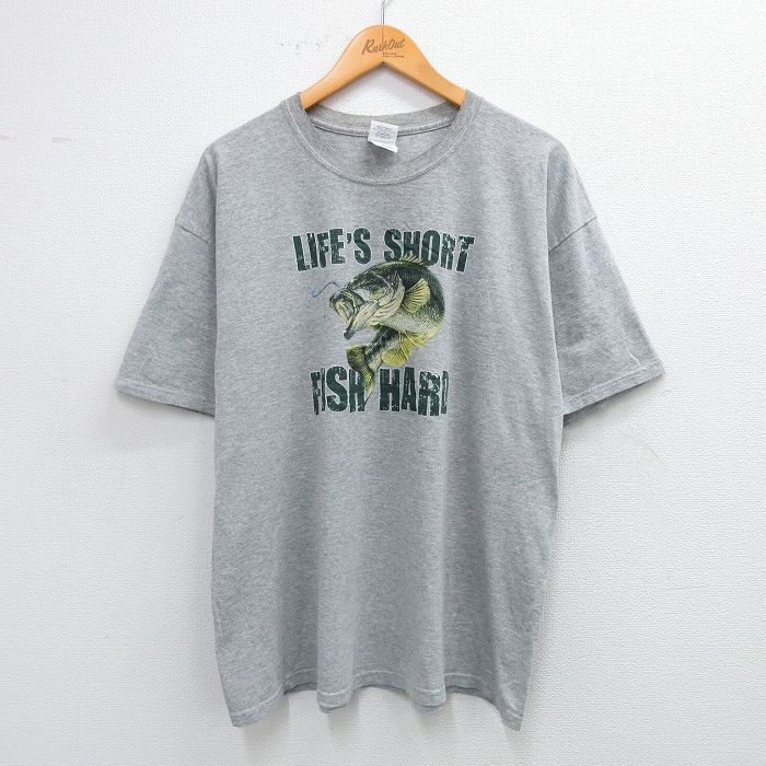 【50%OFF】XL★古着 半袖 ビンテージ Tシャツ メンズ 00年代 00s 魚 大きいサイズ クルーネック グレー 霜降り 25aug09 中古