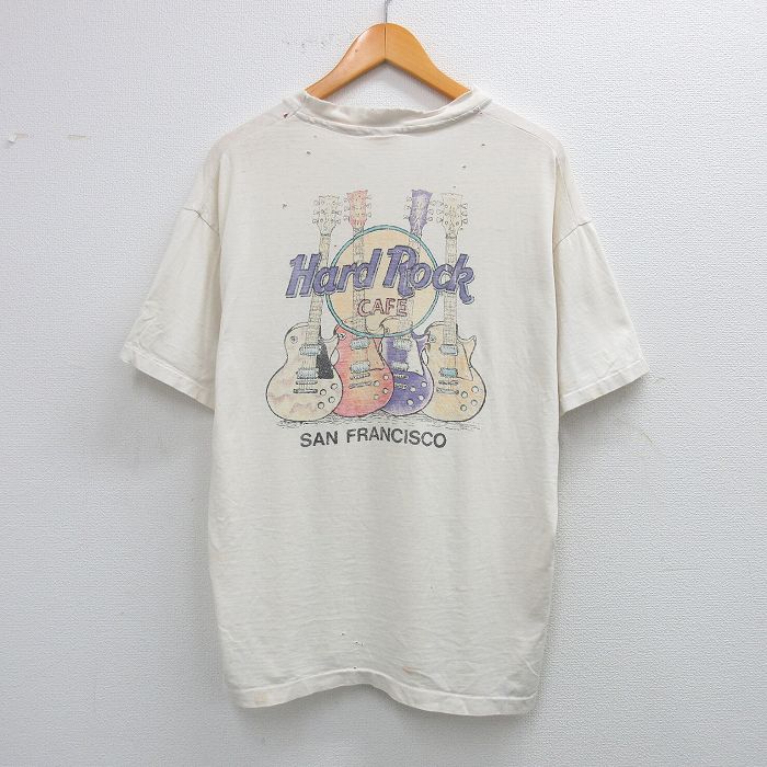 XL★古着 半袖 ビンテージ Tシャツ メンズ 90年代 90s ハードロックカフェ サンフランシスコ コットン クルーネック USA製 生成り 25aug09 中古