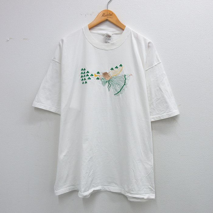 【20%OFF】XL★古着 フルーツオブザルーム 半袖 ビンテージ Tシャツ メンズ 00年代 00s 天使 刺繍 大きいサイズ コットン クルーネック 白 ホワイト 25aug09 中古